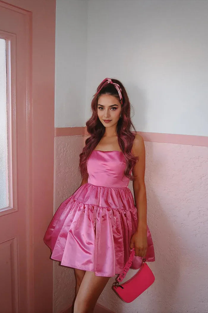 Weitese Dress A-Line Square-Neck Candy Pink Homecoming Dress Satin Sleeveless Lace-Up Back Party Dress